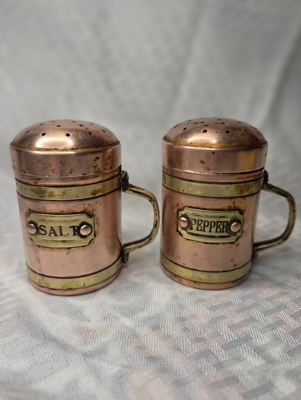Vintage Solid Copper Salt & Pepper Shakers Brass Handles Removable Tops